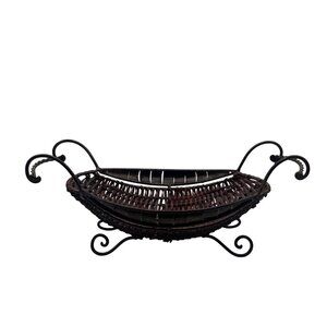 Woven Rattan and Metal Oval Basket Footed w/Handles 16.5" x 8" x 7.25"
